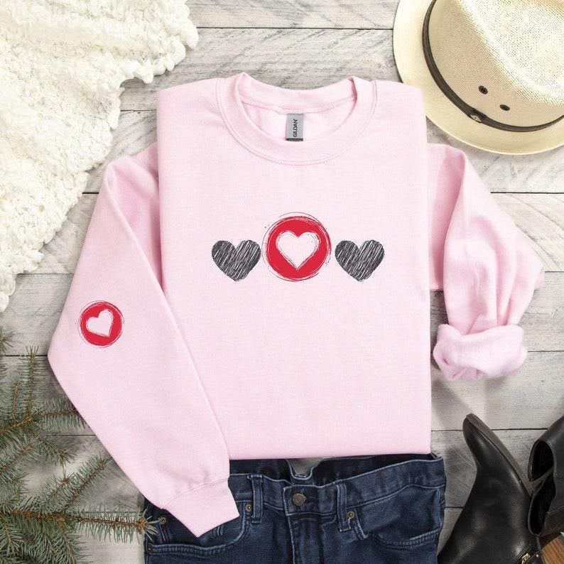 SALE Valentine's Sweatshirt - Love Heart Sweatshirt - Heart Arm Patches - Cute Valentine's Sweater - Teacher Valentine's Shirt - Mom Valentine's