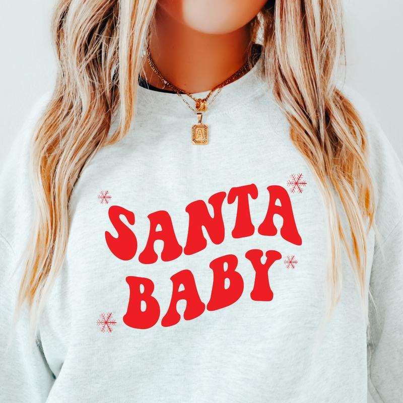 SANTA BABY CREWNECK (Crewneck Sweatshirt, Unisex Fit, Causal Sweatshirt for Christmas, Christmas Holiday Sweatshirt) Casual Womenswear Everyday Hoodie Style Tops