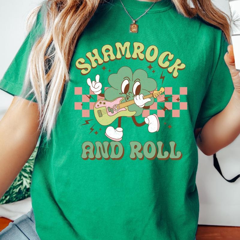 SHAMROCK AND ROLL PATRICKS DAY SHIRT (COMFORT COLORS T-SHIRT, CASUAL SHIRT UNISEX, HOLIDAY SHIRT, ST. PATTYS DAY) Comfortable Fit Top Womenswear Chic Garment