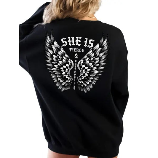 "SHE IS FIERCE and UNSTOPPABLE Women's Shirt with Angel Wings Graphic, Hoodie, or Sweatshirt, Unisex Sizes Up to 5XL, Casual Style" Long Sleeves Sweaters Oversize Oversized Crewneck