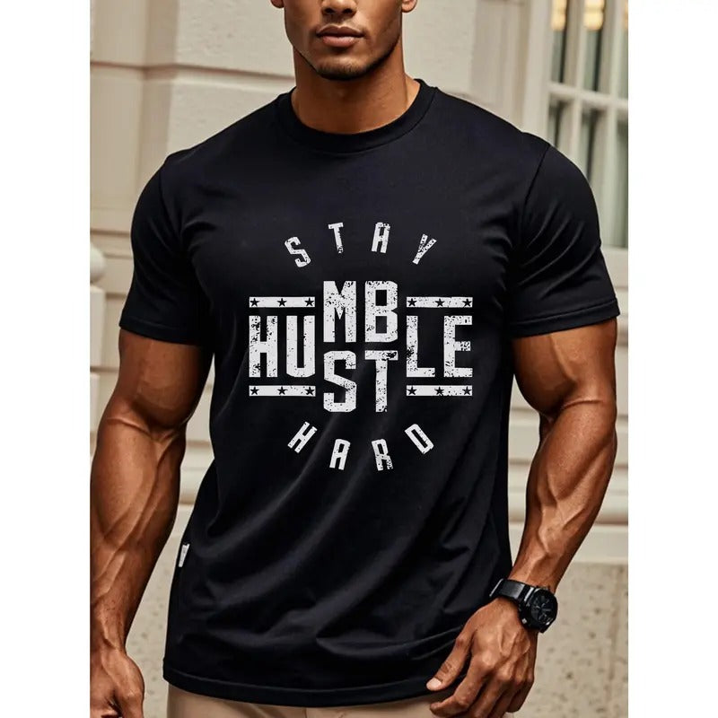 STAY HUMBLE HUSTLE HARD, Casual Summer Black T Shirts For Men, Graphic Crew Neck, Funny, Breathable, Ultra-Soft, Ideal For Running, Going Out Made in USA