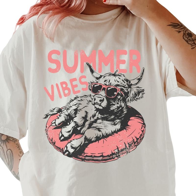 SUMMER VIBES #1 HIGHLAND COW Shirt ~ Unisex Apparel Relaxed Fit Printed In The USA Clothing Womenswear Casual Comfort Cotton Top Athletic Boho Chic