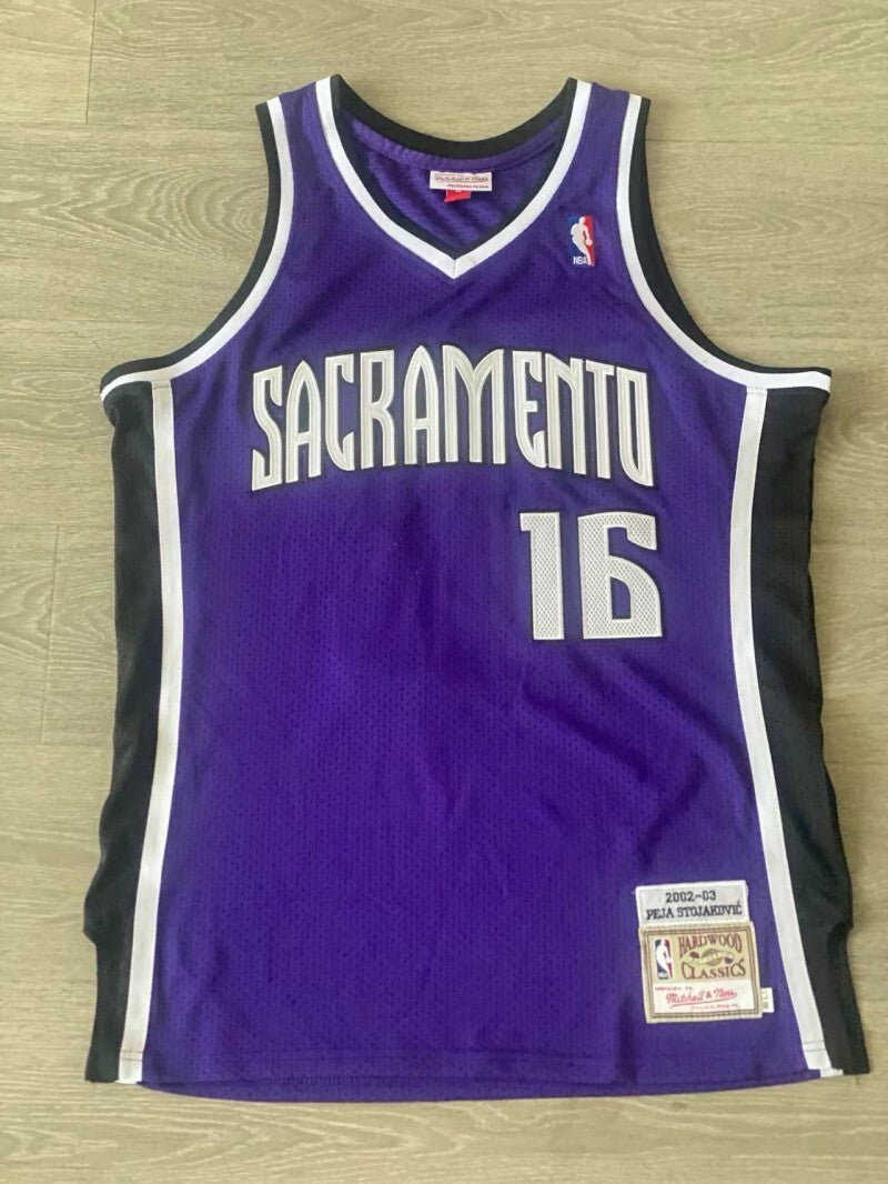 Sacramento Kings #16 Peja Stojakovic mitchell&ness Kings 16 # Ja 2002-03 Season Purple Embroidered Style 1