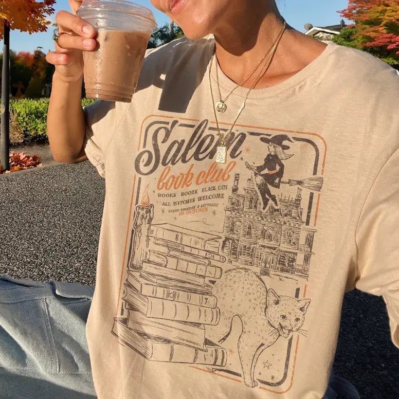 Salem Book Club Shirt Bookish Halloween Tee, Spooky Book Lover Shirt, Salem Witches, Spooky Season Ghost Skeleton Shirt Thriller Reader Menswear Top