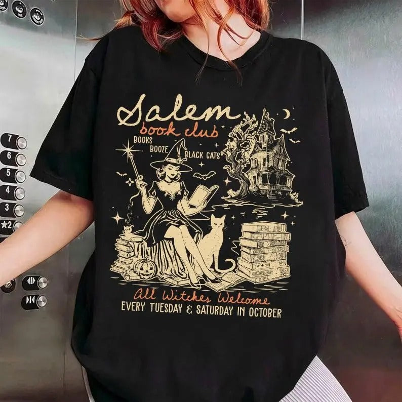 Salem Book Club T-shirt, Witches Reading Shirt, Black Cat Spooky Halloween Tee, Gift For Reader Shirt, Womenswear Cotton Crewneck Casual
