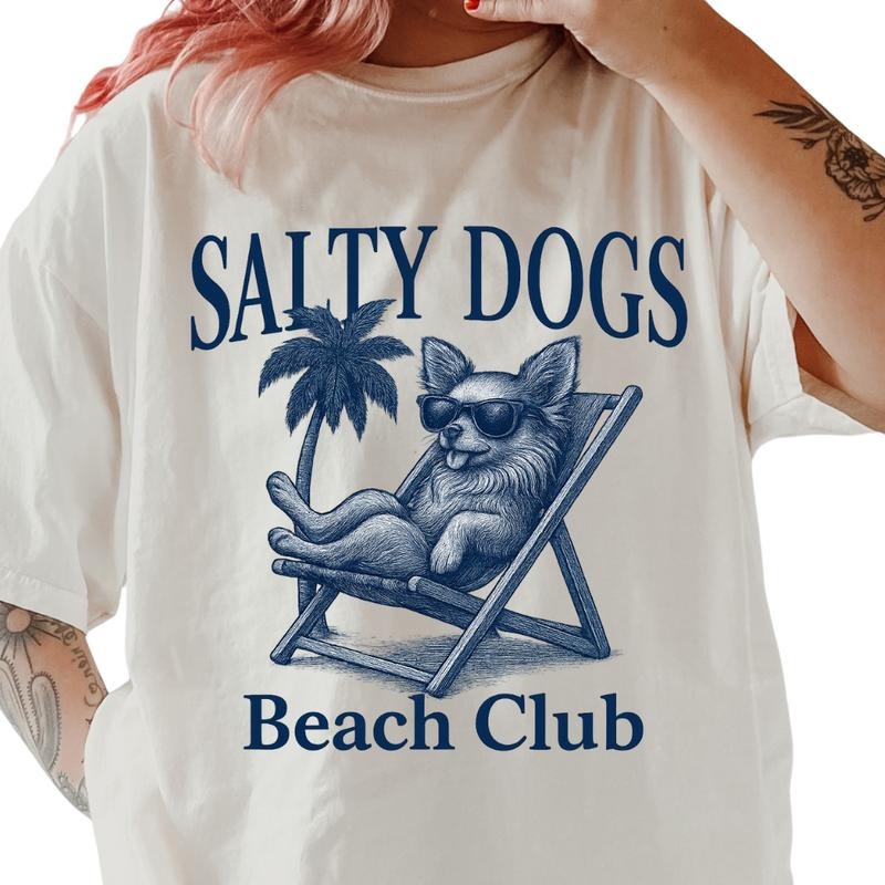Salty Dogs Beach Club Long Haired Chihuahua Shirt ~ Unisex Apparel Relaxed Fit Printed In The USA Clothing Womenswear Casual Comfort Cotton Top Athletic Boho Chic