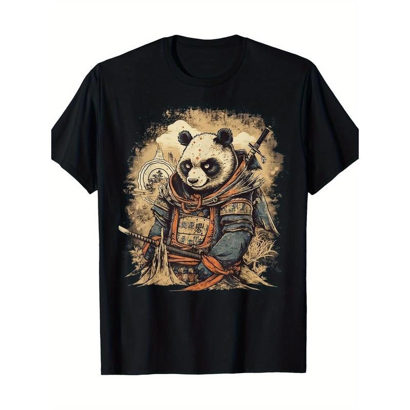 Samurai Panda Art 100% Cotton T-Shirt for Men - Vintage Japanese Culture Graphic, Short Sleeve, Crew Neck, Casual Fit Made in USA