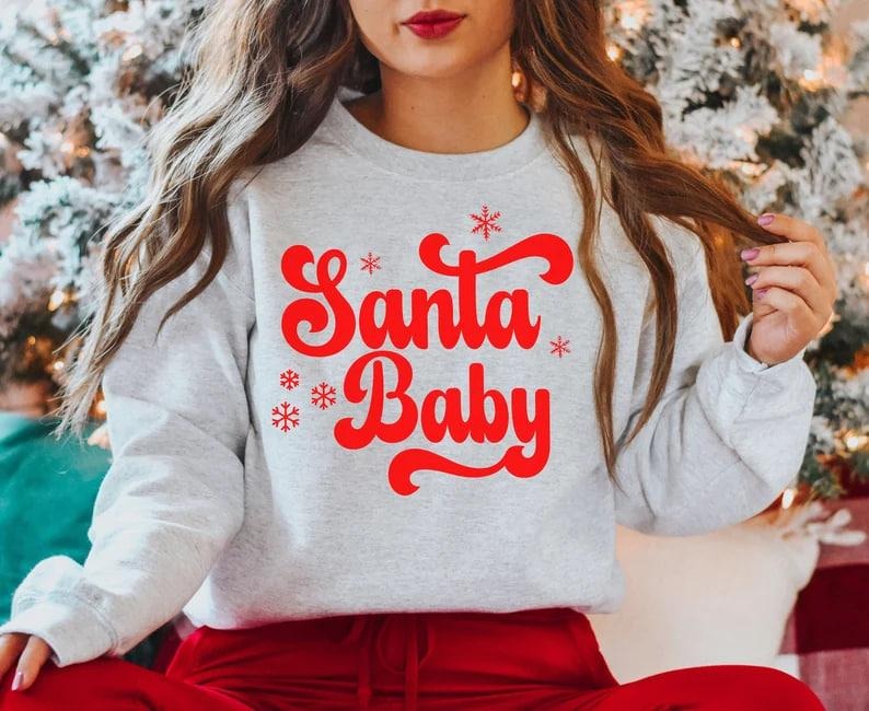 Santa Baby Christmas Pregnancy Announcement Sweatshirt, XMas Maternity Sweater, Holiday Gender Reveal Outfit Winter Baby Shower Gift, Christmas Baby, Winter Baby, New Mom To Be, Pregnancy Reveal Shirtstyle{n002}3