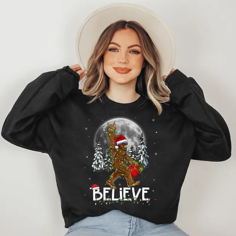 Santa Bigfoot Christmas Lights Funny Sasquatch Believe Xmas Sweatshirt