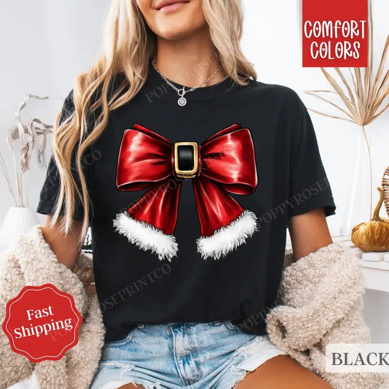 Santa Bow Shirt Comfort Colors Holiday Tshirt, Women's Christmas Shirt, Cute Holiday Tee