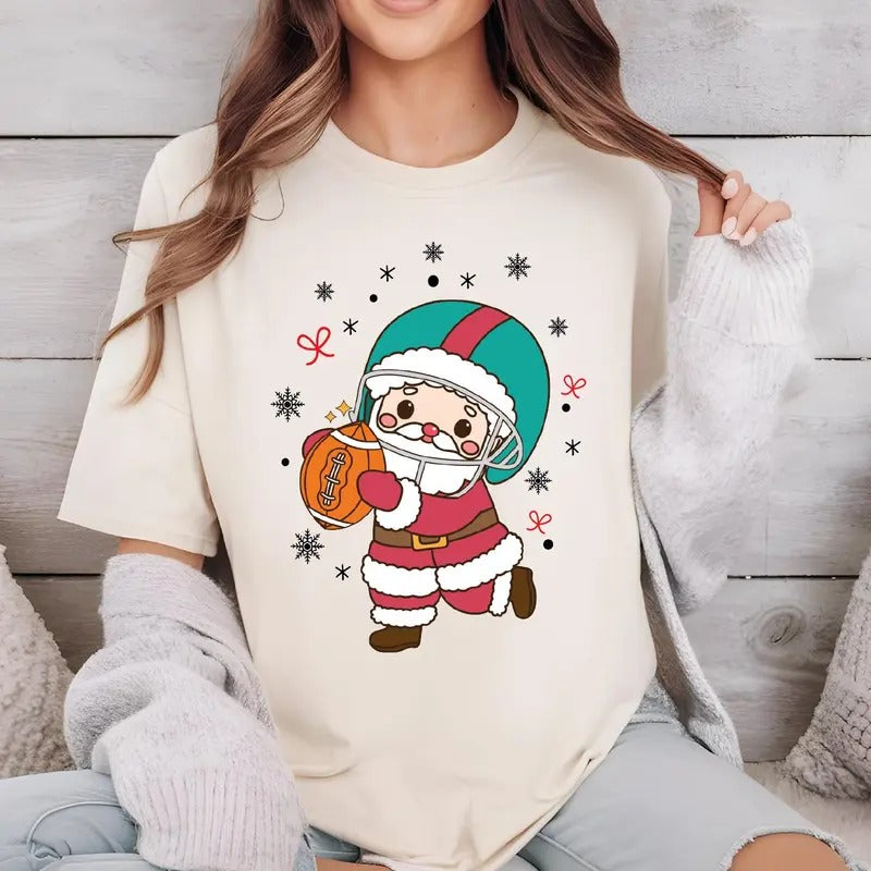 Santa Football Comfort Colors T-Shirt, Christmas Football Shirt, Funny Santa Claus Sports T-Shirt