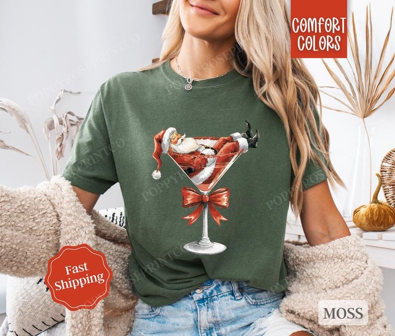 Santa Martini Shirt Comfort Colors Christmas Tshirt, Women's Holiday Tee
