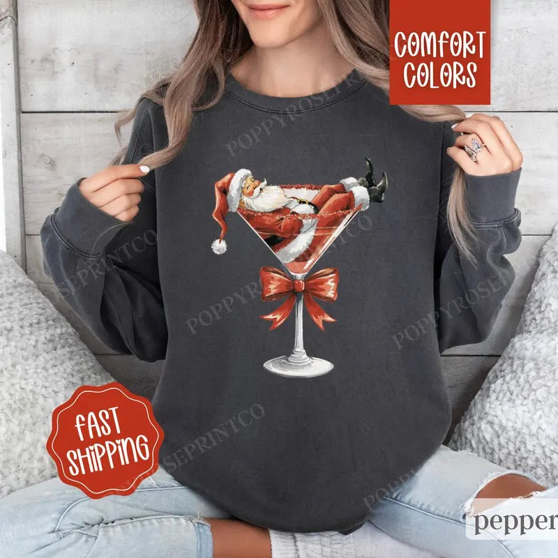 Santa Martini Sweatshirt Comfort Colors, Christmas Sweater, Coquette Xmas Tshirt, Women's Holiday Crewneck