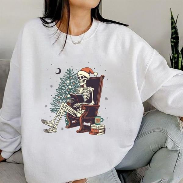 Santa Skeleton Christmas Sweatshirt, Retro Bookworm Shirt, Vintage Christmas Sweatshirt, Christmas Gift for Book Lover, Bookish