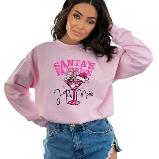 'Santa's Favorite Hot Mess' Christmas Sweatshirt, T-Shirt, or Hoodie | Casual Holiday Pullover | Comfortable Holiday Party Sweatshirt | Unisex Fit