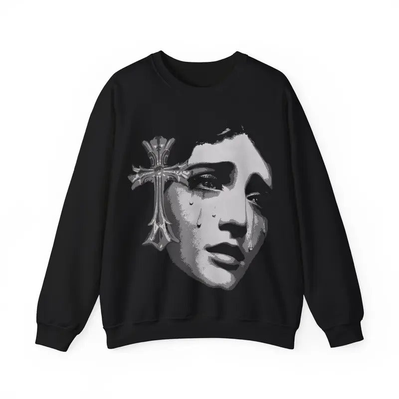 Save Me Cross Girl Heavy Blend Crewneck Sweatshirt Retro Vintage Comfy Sweater Streetwear Crewneck Long sleeve Christian Fashion Classic Cotton Fabric Menswear Tops