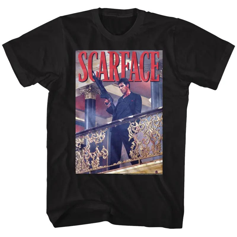 Scarface Railing Shot Black T-Shirt, Tony Montana Shirt, Scarface Tony Montana Shirt, Movie Shirt, Al Pacino Scarface Shirt, Movie Graphic Tee, Vintage Graphic Tees, Al Pacino Shirt, gift for him, gift for her Menswear Top