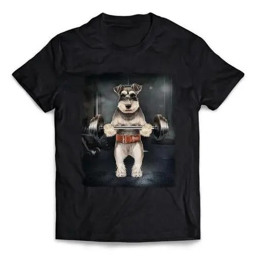 Schnauzer Dog Muscle Workout with Barbell Weightlifting at Gym - Short-Sleeve Unisex, Men Made in USA