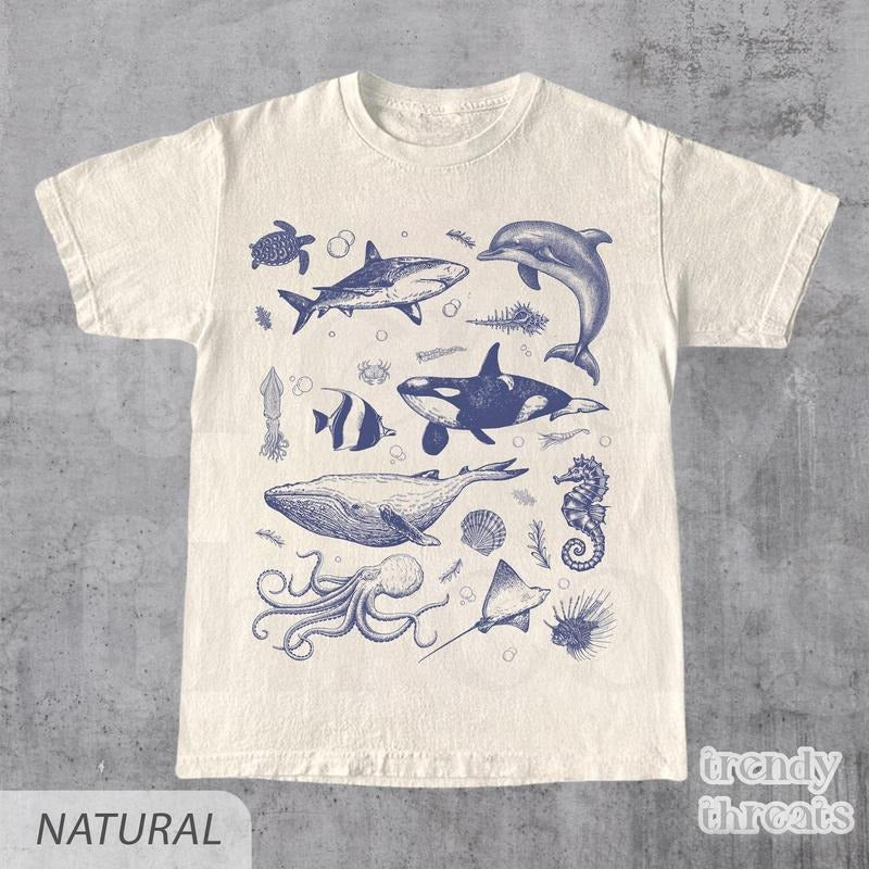 Sea Creatures Vintage Shirt, 90s Tattoo Sea Animal Tshirt, Whale, Orca, Ocean Sealife, Turtle, Dolphin Shirt, Nature Shirt, Unisex Adult Tee