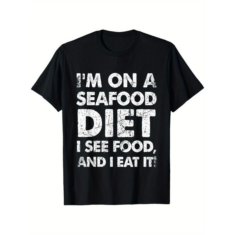 Seafood Diet Humor T-Shirt, 100% Cotton Crew Neck Casual Tee, Short Sleeve Printed Top, Slight Stretch Knit Fabric, Regular Fit for Adults, All-Season Comfort - Black Made in USA