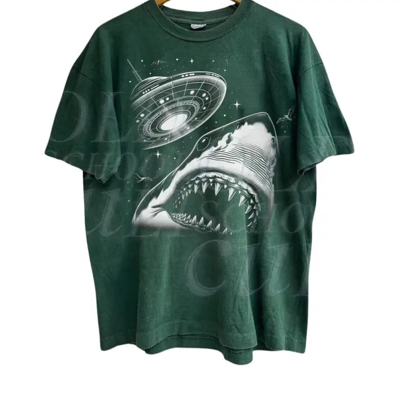 Shark Selfie With Ufo Vintage 90s Style T-Shirt, Unisex Retro Funny Shark Graphic Tee, Alien Gag Adult Shirt,Ocean Tee, Ufo Meme Shark Shirt Menswear