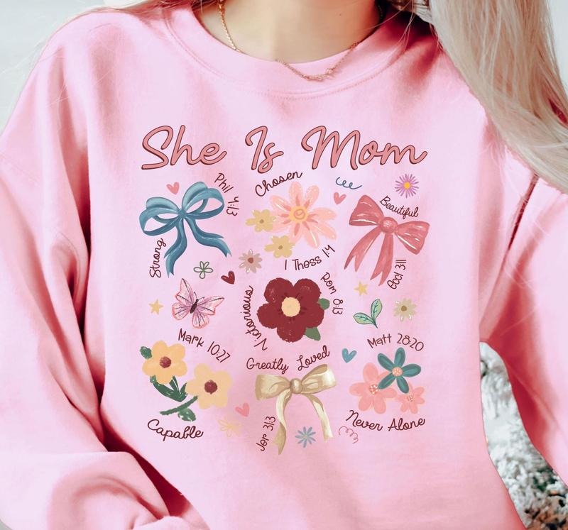 She Is Mom Shirt Coquette Praying Mama Shirts Religious Mom Sweatshirt Floral Mother's Day T-shirtblessed Mom Bow Teebible Verse Shirts T-shirt, sweater and Hoodie