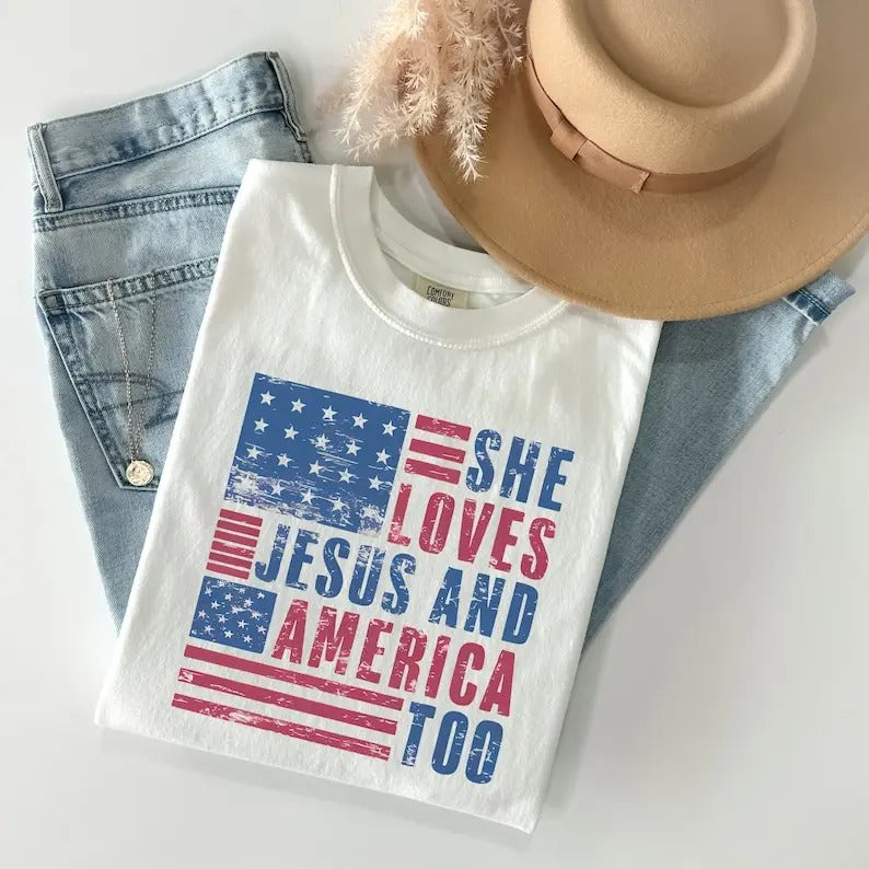 She Loves Jesus And America Too Retro Shirt, Vintage 4th Of July Shirts, Women's 4th Of July Shirt,Retro Independence Day T-shirt, sweater and Hoodie