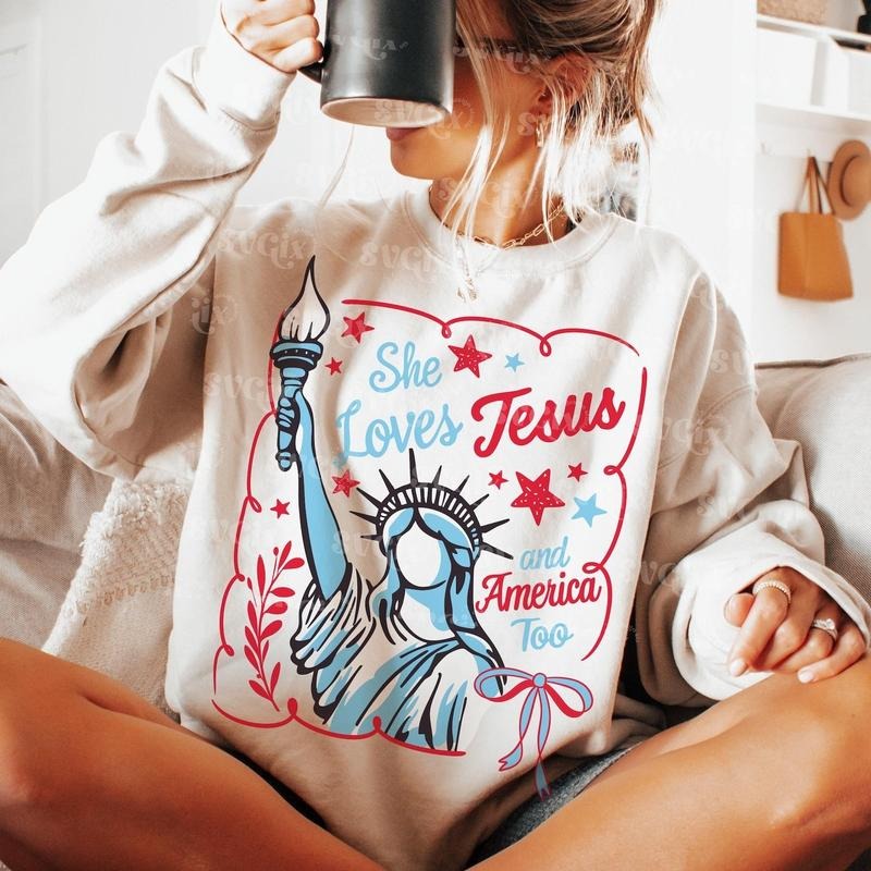 She Loves Jesus and America Too Crewneck Sweatshirt, 4th July Faith Shirt, Christian 4th of July Tee, America Needs Jesus Statue of Liberty Shirt Gift