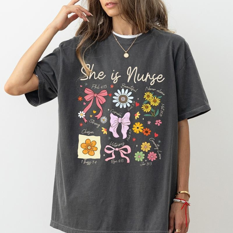 She is Nurse Comfort Colors Shirt, Wildflower Bible Verse T-shirt, Nurse Coquette Bow Clothing, Womenswear, Gift for Nurse, Nursing Apparel Clothing