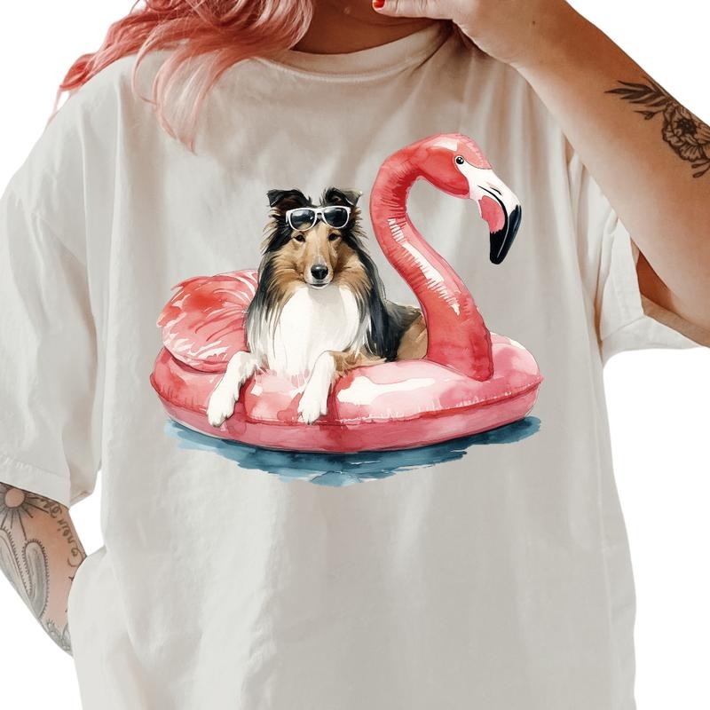 Sheltie Flamingo Float Dog Shirt ~ Unisex Apparel Relaxed Fit Printed In The USA Clothing Womenswear Casual Comfort Cotton Top Athletic Boho Chic