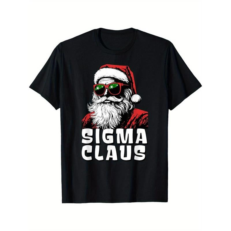 Sigma Claus Christmas T-Shirt, 100% Cotton Crew Neck Short Sleeve Tee, Geometric Santa Print, All-Season Casual Wear for Adults, Medium Stretch Knit Fabric- Black Made in USA