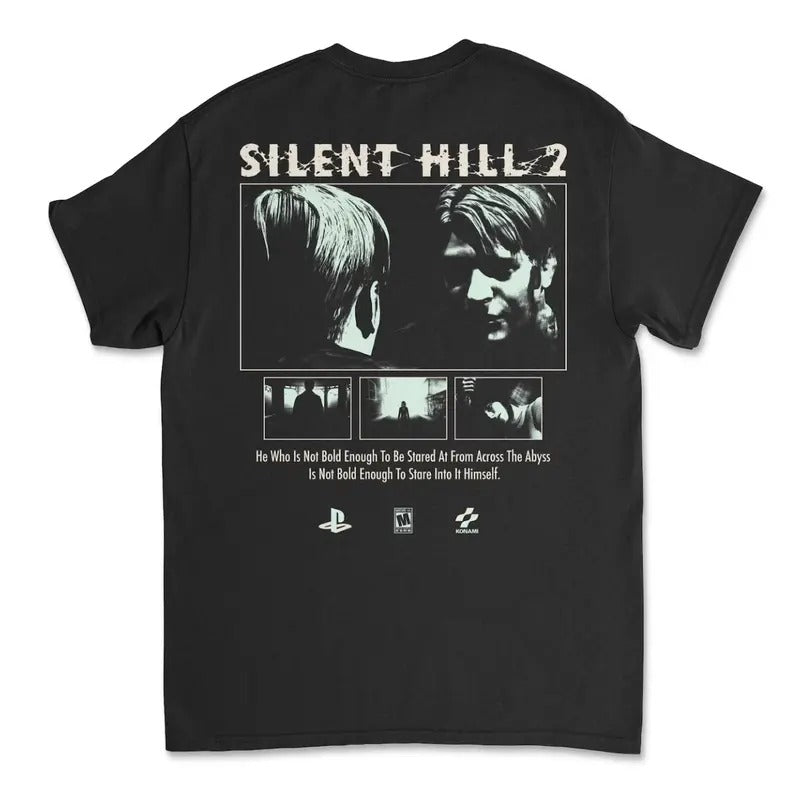 Silent Hill 2 Black T-Shirt Tee Horror Survival Retro Gaming Konami Top Womenswear Menswear Top Man Tshirt Human Streetwear Crewneck Round Neck T-Shirt Tropical