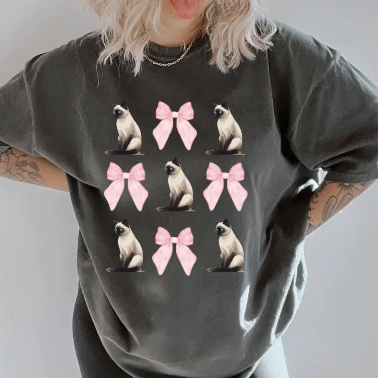 Simease Cat with bows Shirt ~ Unisex Apparel Relaxed Fit Printed In The USA Clothing Womenswear Casual Comfort Cotton Top Athletic Boho Chic