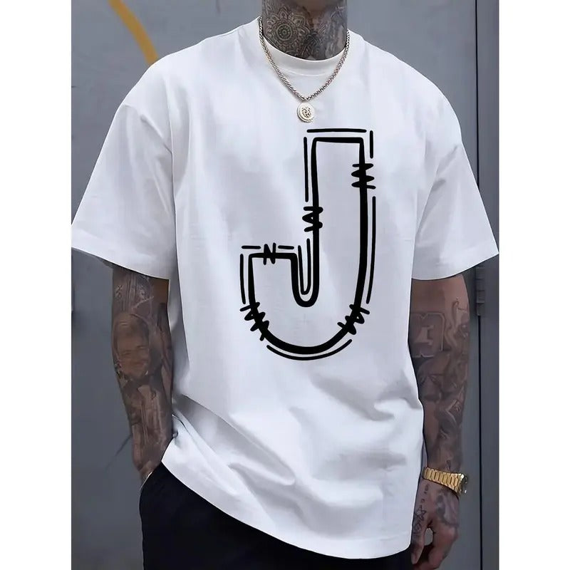 Simple and stylish J-letter printed men's round neck short sleeved T-shirt, comfortable and breathable casual sports top suitable for spring and summer vacation leisure Made in USA