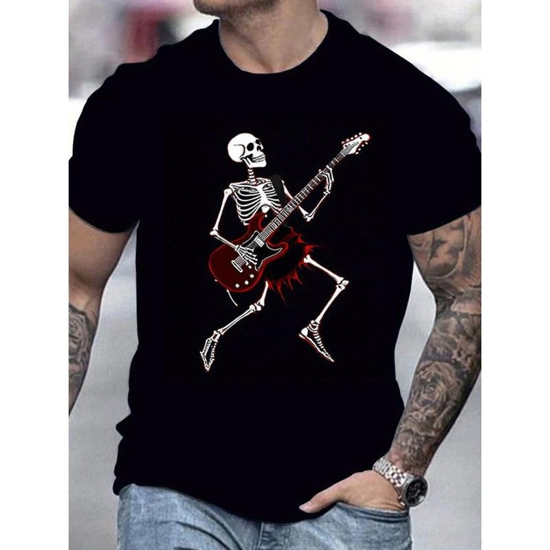 Skeleton Guitarist Crew Neck T-Shirt - Summer Leisure Top for Street, Casual and Halloween Party Wear, Men's Fashion Tee with Unique Pattern Design Made in USA