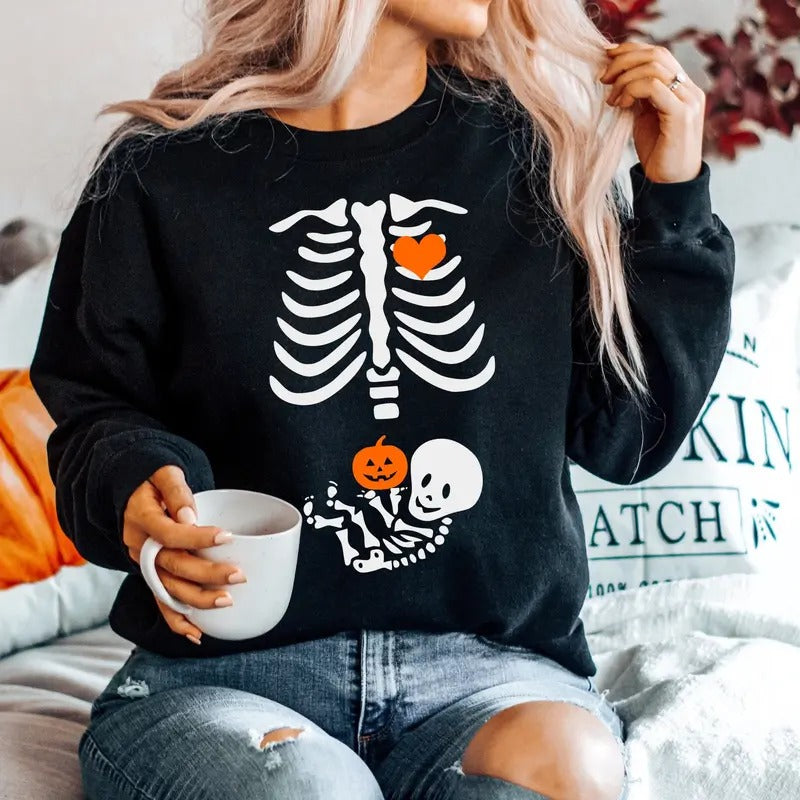 Skeleton Halloween Maternity Sweatshirt, Funny Pregnancy Announcement Shirt, Pregnant Women Costume, Fall New Mom Sweater, Mommy To Be Gift, Fall Halloween Thanksgiving Mom Gift Shirt