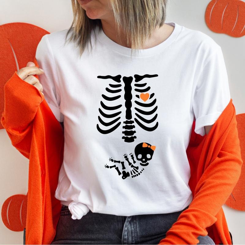 Skeleton Maternity Halloween T-Shirt, Girl Pregnancy Announcement Shirt, New Mom To Be Tee, Pregnant Wife Gift Tee