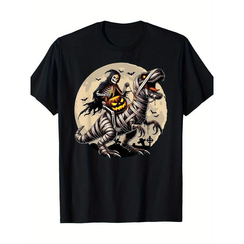 Skeletons riding mummified dinosaur T-Rex pumpkin Fun Halloween T-shirt, men's T-shirt Made in USA