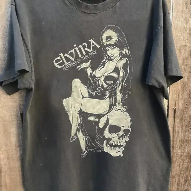 Skull Elvira T-Shirt, Mistress of The Dark 90s Charcoal Unisex tee