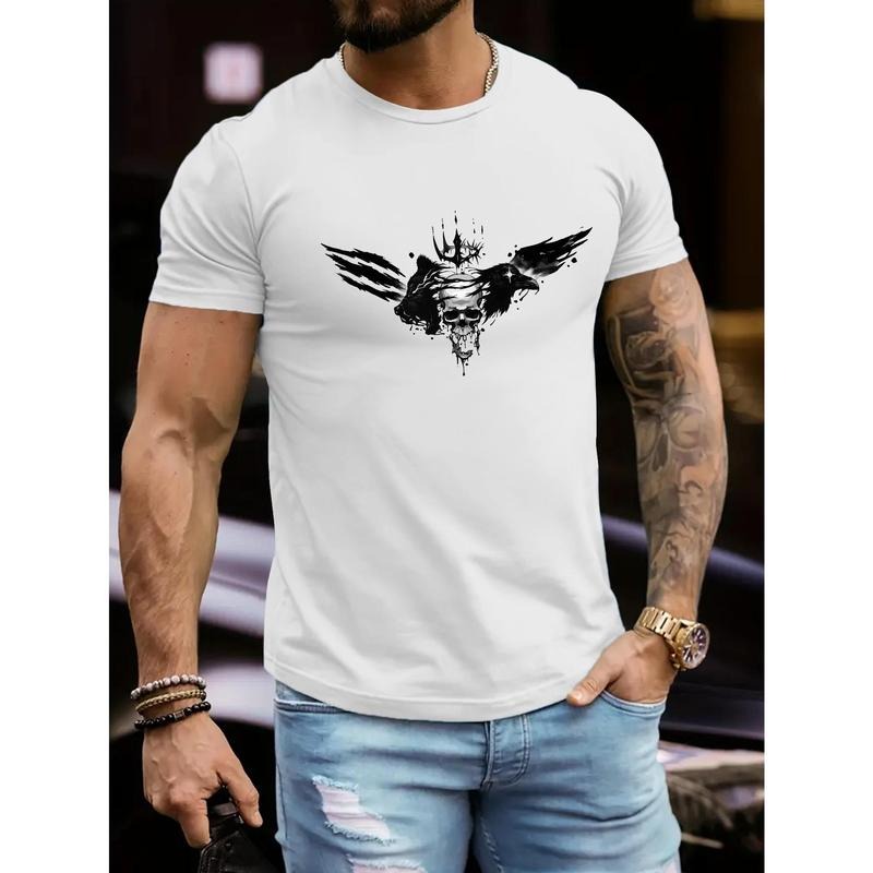 Skull Print, Men's Crew Neck Short Sleeve T-shirt, Stylish & Trendy & Cozy For Casual Summer Wear Made in USA