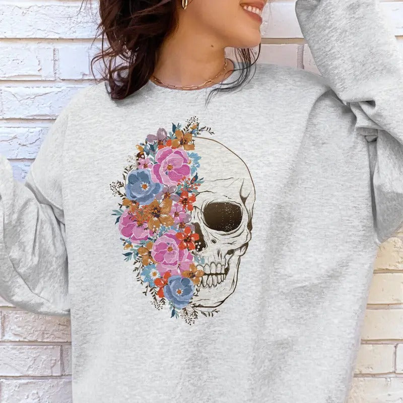 Skull Sweatshirt Pink and Blue Floral Skull Pullover Floral Skeleton Sweatshirt Pink and BLue Flower Half Skull Pullover Womens Flower Skull Sweatshirt