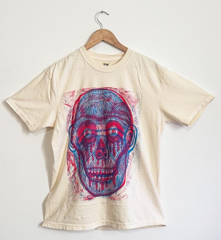 Skull and Chimp Hand Printed T Shirt Menswear Multicolor 100% Cotton Comfort Color Cream Woodblock Graphics Oil-Based Ink...