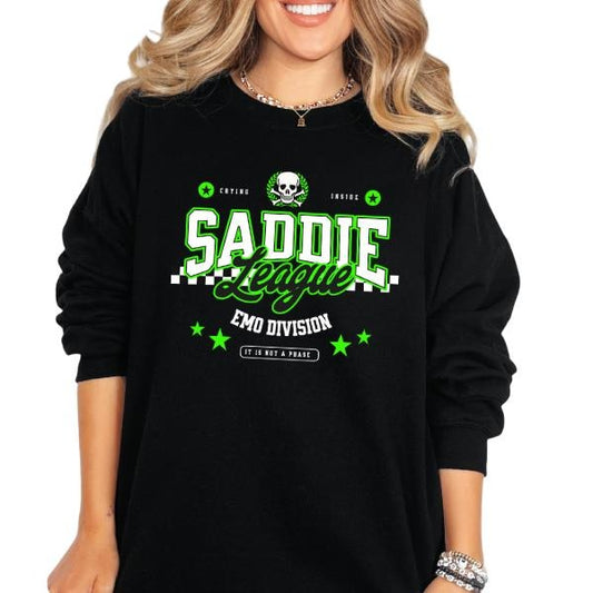 'Saddie Emo Division, It is not a Phase' Sweatshirt, T Shirt, or Hoodie | Vintage Grunge Aesthetic Pullover w/Skulls, Retro Vibes | Saddie League