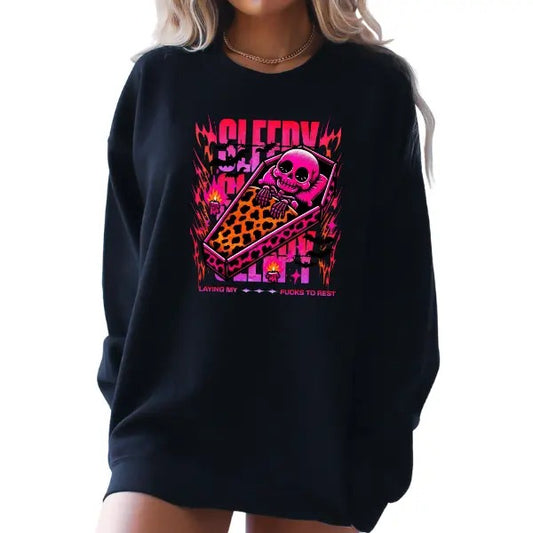 'Sleepy & Resting My F*cks' Crewneck Sweatshirt, T Shirt, or Hoodie Pullover | Punk, Alt, Grunge, Goth, Skeleton Style, Aesthetic, Casual, Skull Graphic, Mental Health