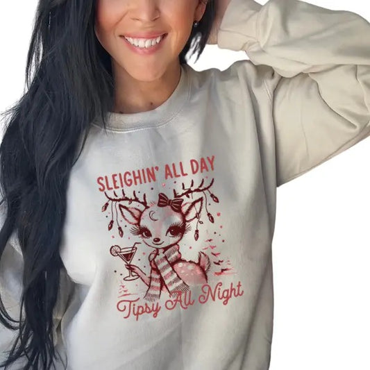 "Sleighing All Day, Tipsy All Night Christmas Reindeer Sweatshirt | Fun, Festive & Cozy Unisex Holiday Pullover | Unisex Fit  | Christmas Party Vibes"
