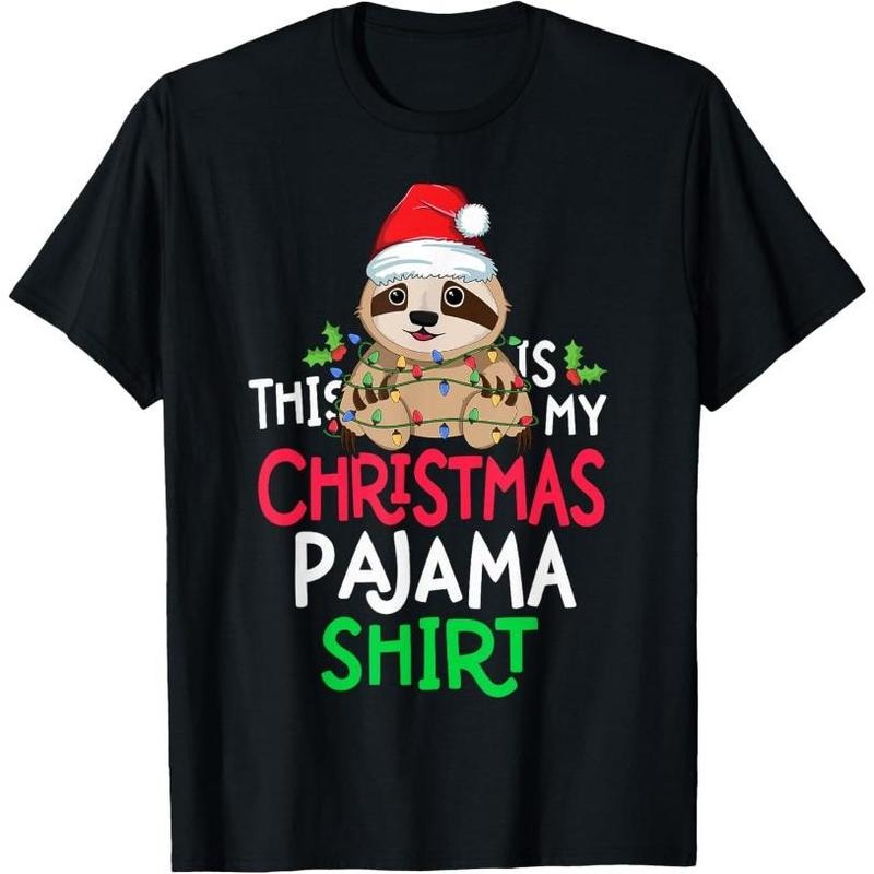Sloth Tree Lights Funny This Is My Christmas Pyjama Shirt T-Shirt Made in USA