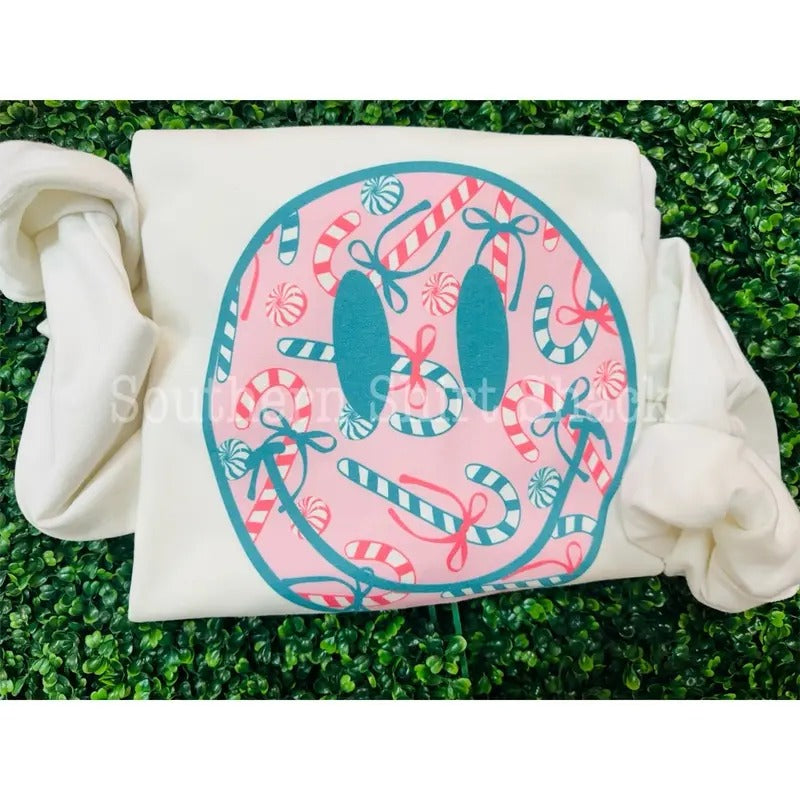 Smiley Candy Cane Sweatshirt | Christmas Sweatshirt | Holiday Sweatshirt