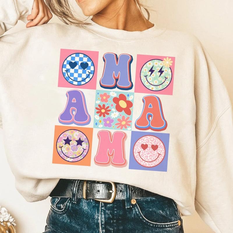 Smiley Face Mama Sweatshirt, Flower Mama Tee Shirt, Floral Mama Sweater, Retro Floral Mama T-Shirt, Groovy Mommy T-Shirt,...
