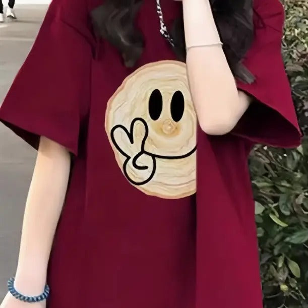 Smiling Face Print T-shirt, Short Sleeve T-Shirt Round Neck T-Shirts, Women's Clothing, All-Season, Perfect for Outdoor & Daily Fashion