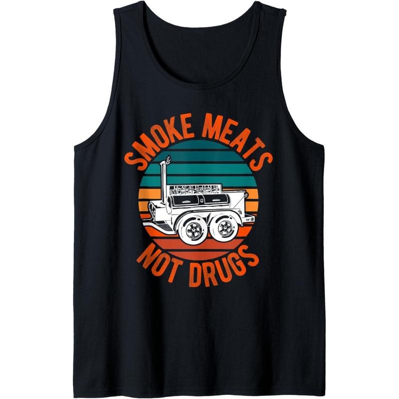 Smoke Meats Not Drugs Funny BBQ Grill Smoker Vintage Sunset Tank Top MADE IN USA